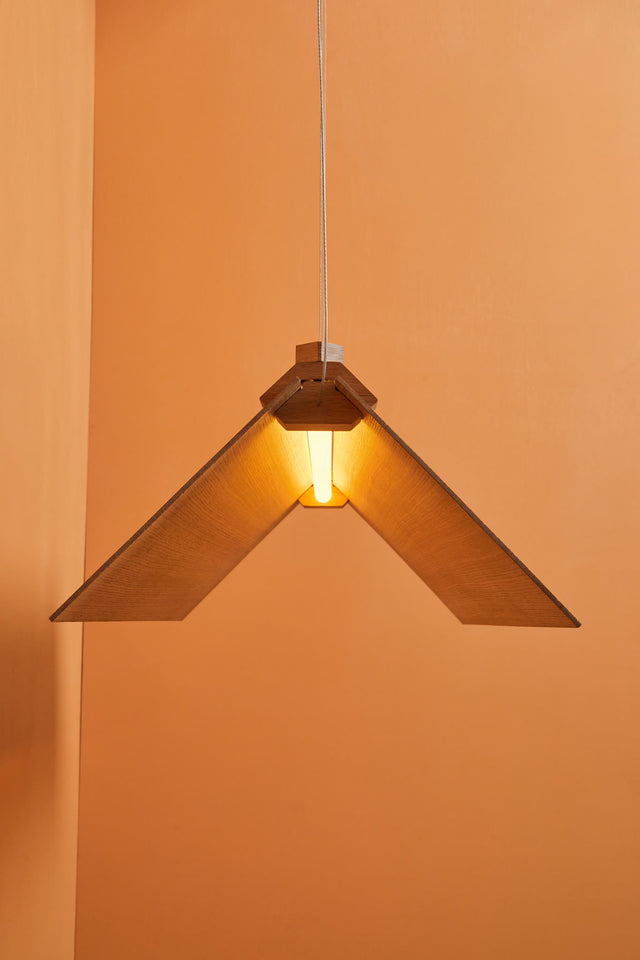 CATCH 100X30 oak pendant light, lit from within